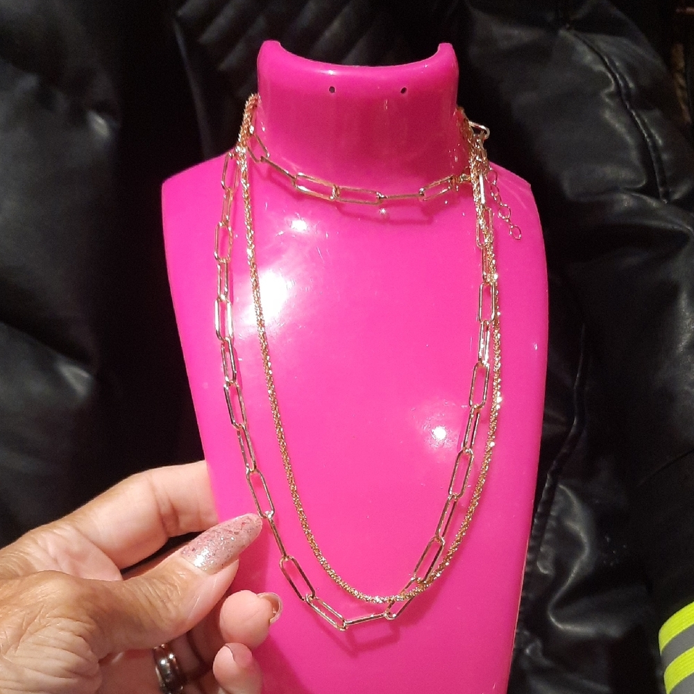 New Bundle of Two Rose Gold Necklaces Paper Clip & Diamond Cut Glitter Chains